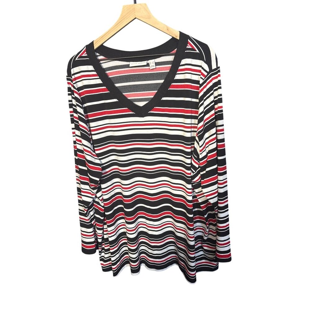 Susan Graver Womens 3X V-Neck Long Sleeve Top Black & Red Striped Polyester/Elas
